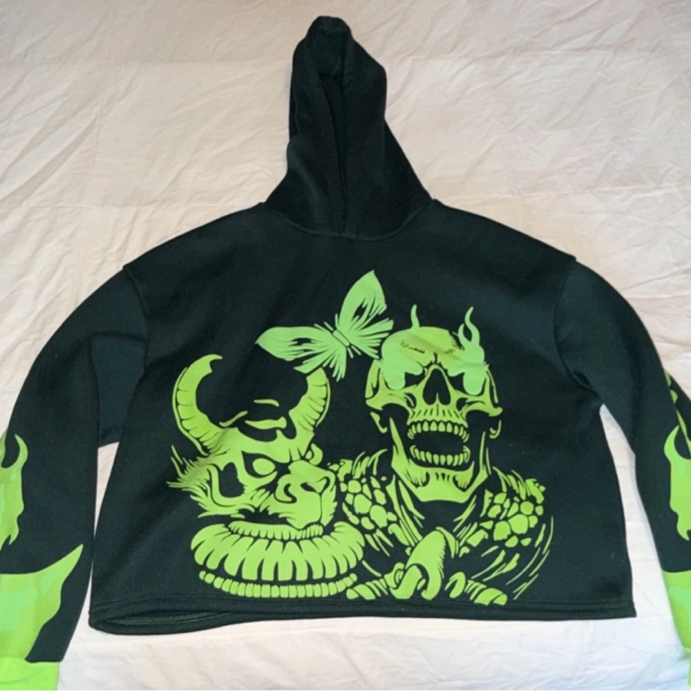 Men's Black Crewneck Sweater with Neon Green Skull & Demon Graphic